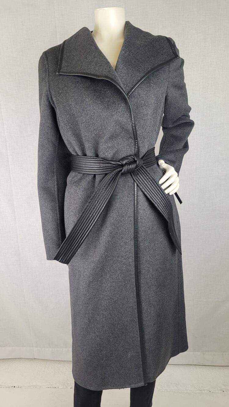 Tahari Double Face Wool-Blend Coat in Charcoal Grey Wide Collar Belted Sz XS NWT